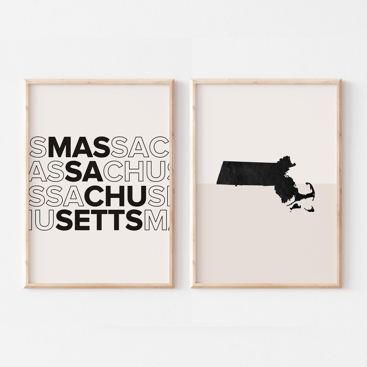 massachusetts map and typography wall art set - image 1